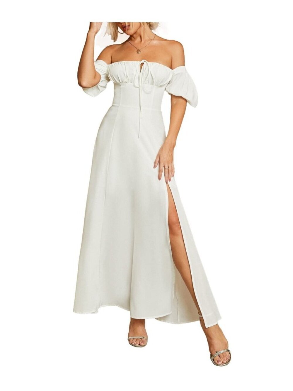 NWT KUTUMAI  "M" Off Shoulder Maxi Dress Puff Sleeve Flowy Split Long White